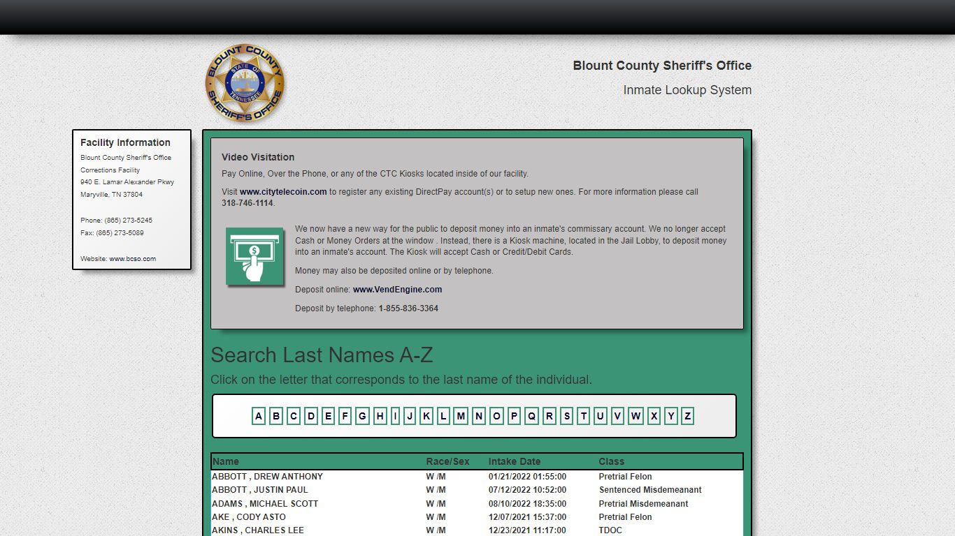 Search A-Z - Currently Booked - BCSO